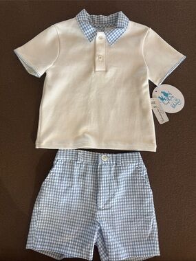 Luli & Me White Polo with Blue Gingham Collar and Shorts Set